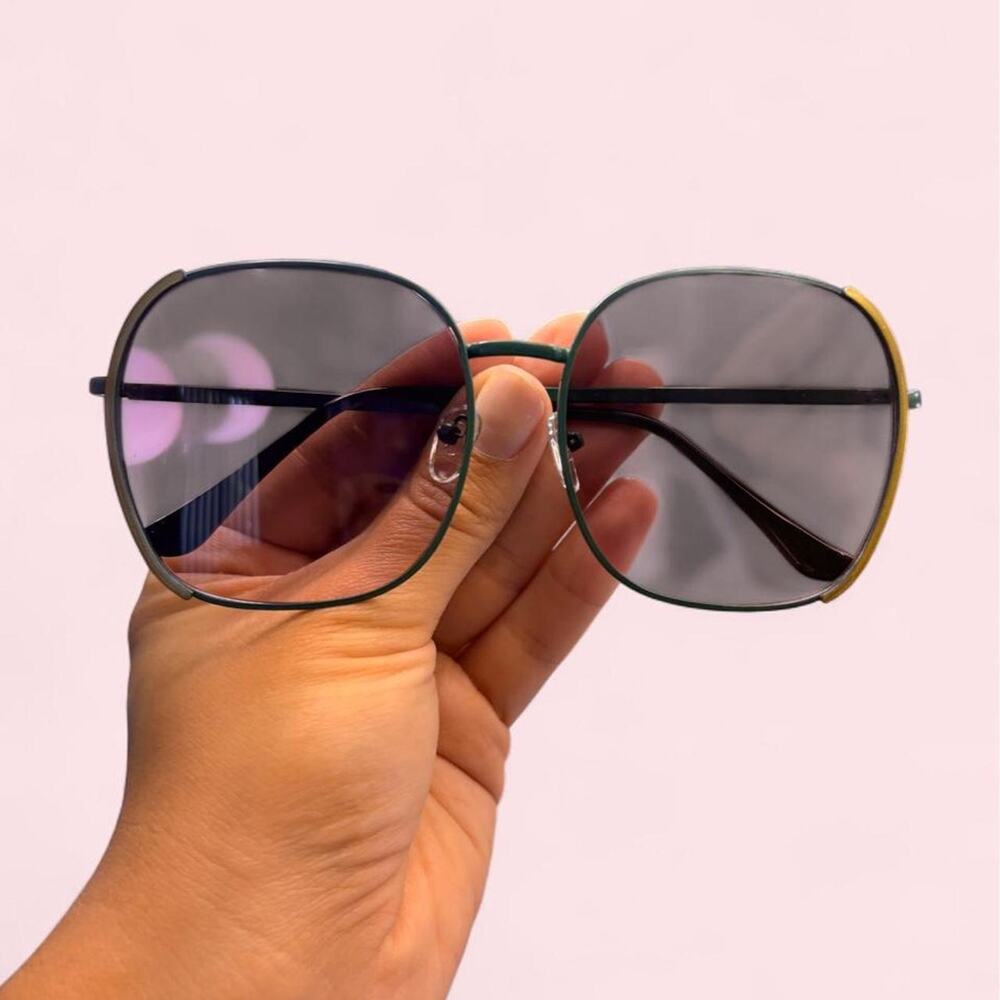 Green and yellow oversized square sunglasses retro smoky gradient minimalist